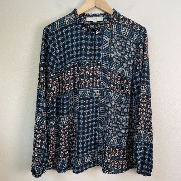 Loft Womens Medium Patchwork Back Peplum Blouse Long Sleeve Shirt Top - Picture 2 of 12